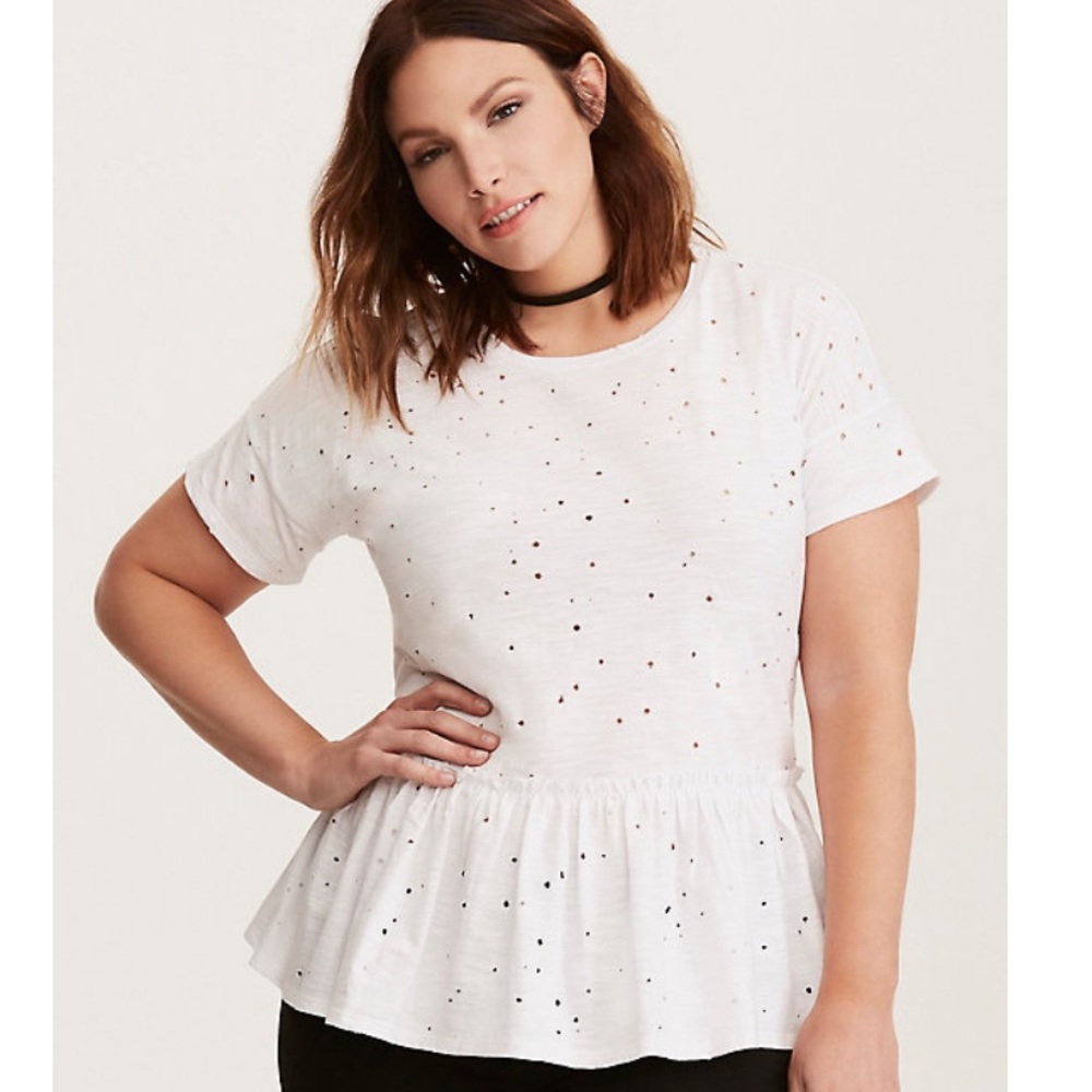 Torrid white destructed peplum tee